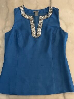 Ann Taylor Royal Blue 💯 % Silk Sleeveless with Silver Sequin Neck